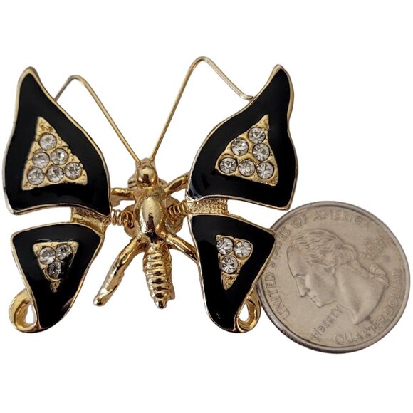 Gold Tone Clear Rhinestone Black Enamel Butterfly Trembler Brooch E652 - Picture 6 of 7